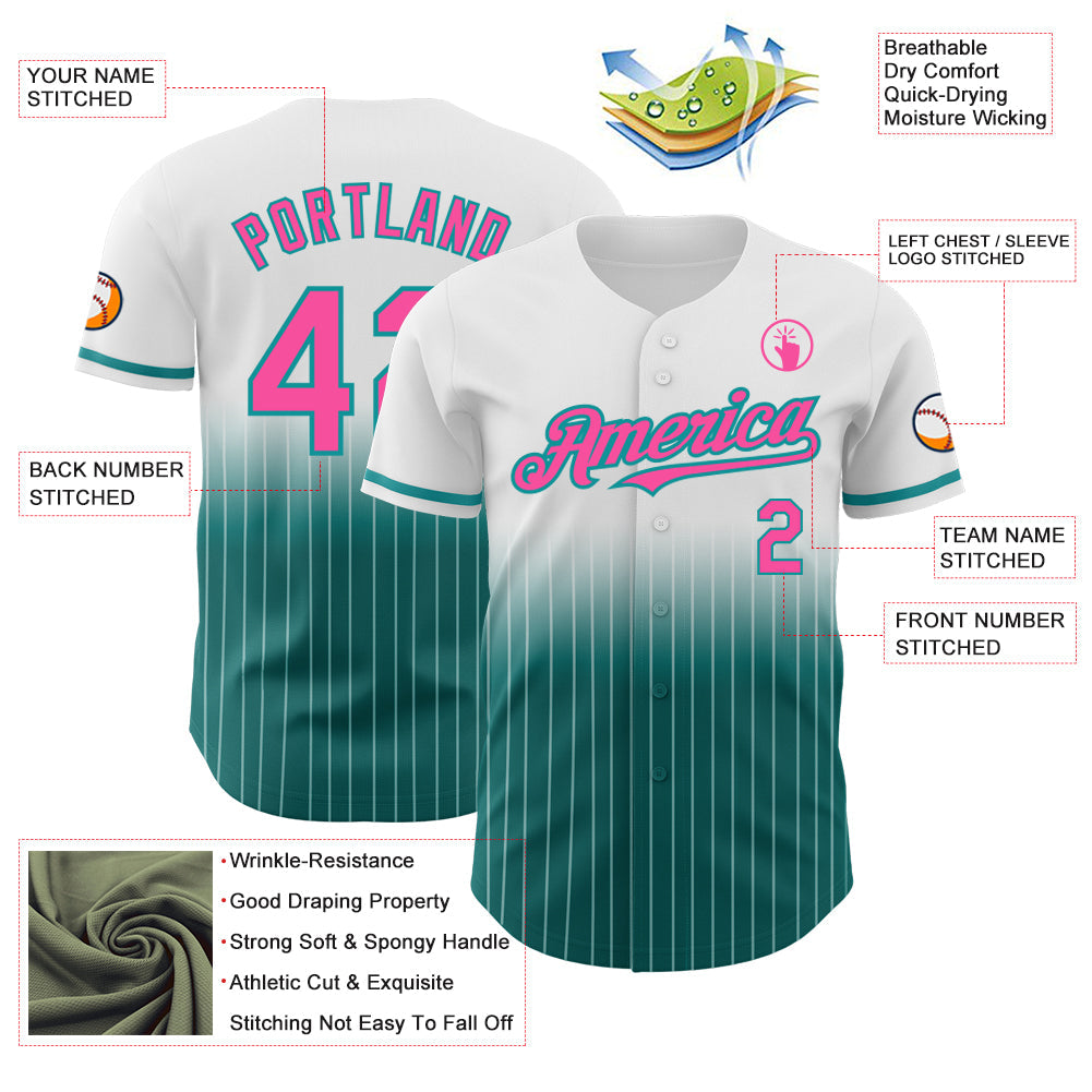 Custom White Pinstripe Pink-Teal Authentic Fade Fashion Baseball Jersey view 4