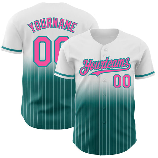 Custom White Pinstripe Pink-Teal Authentic Fade Fashion Baseball Jersey - Main View