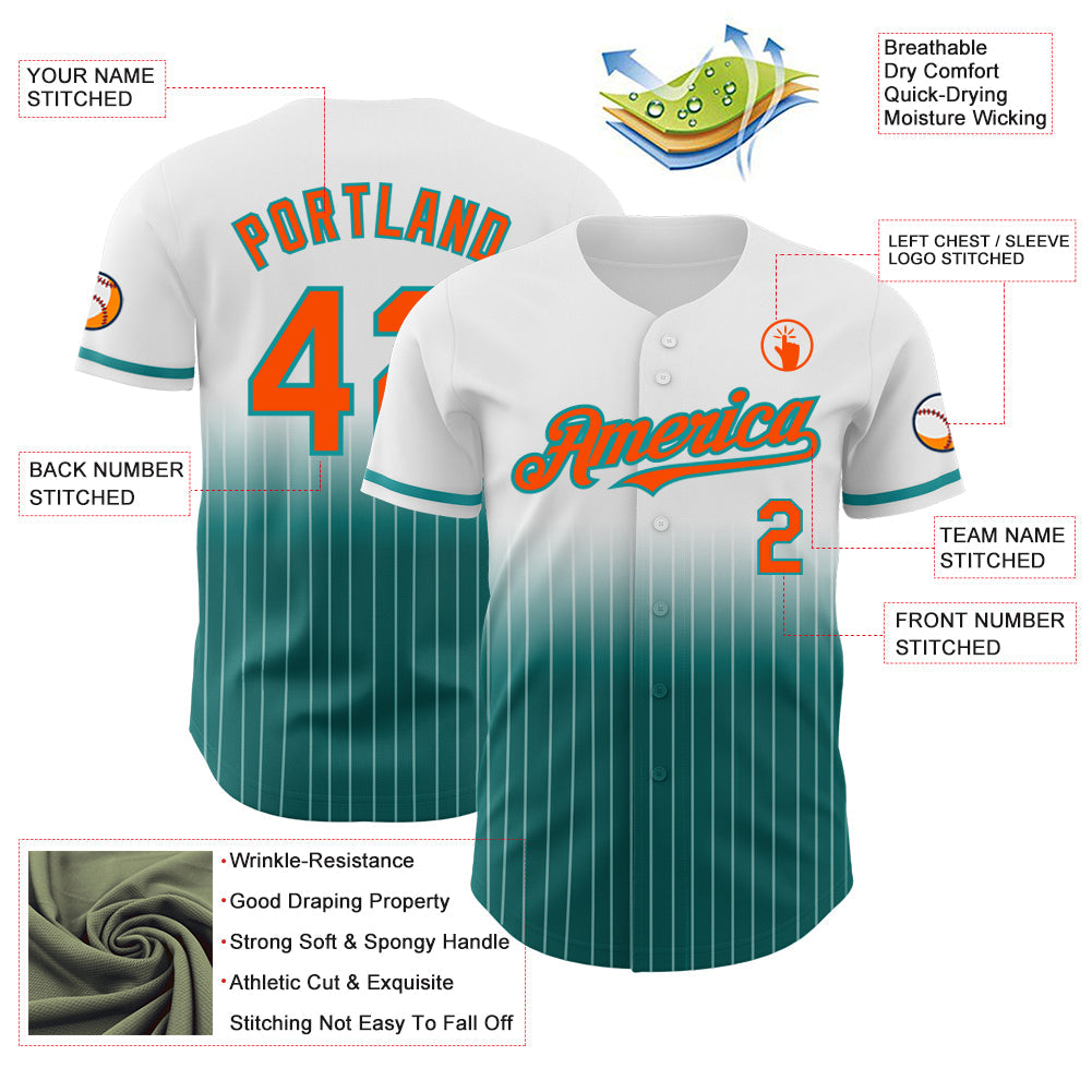 Custom White Pinstripe Orange-Teal Authentic Fade Fashion Baseball Jersey view 4