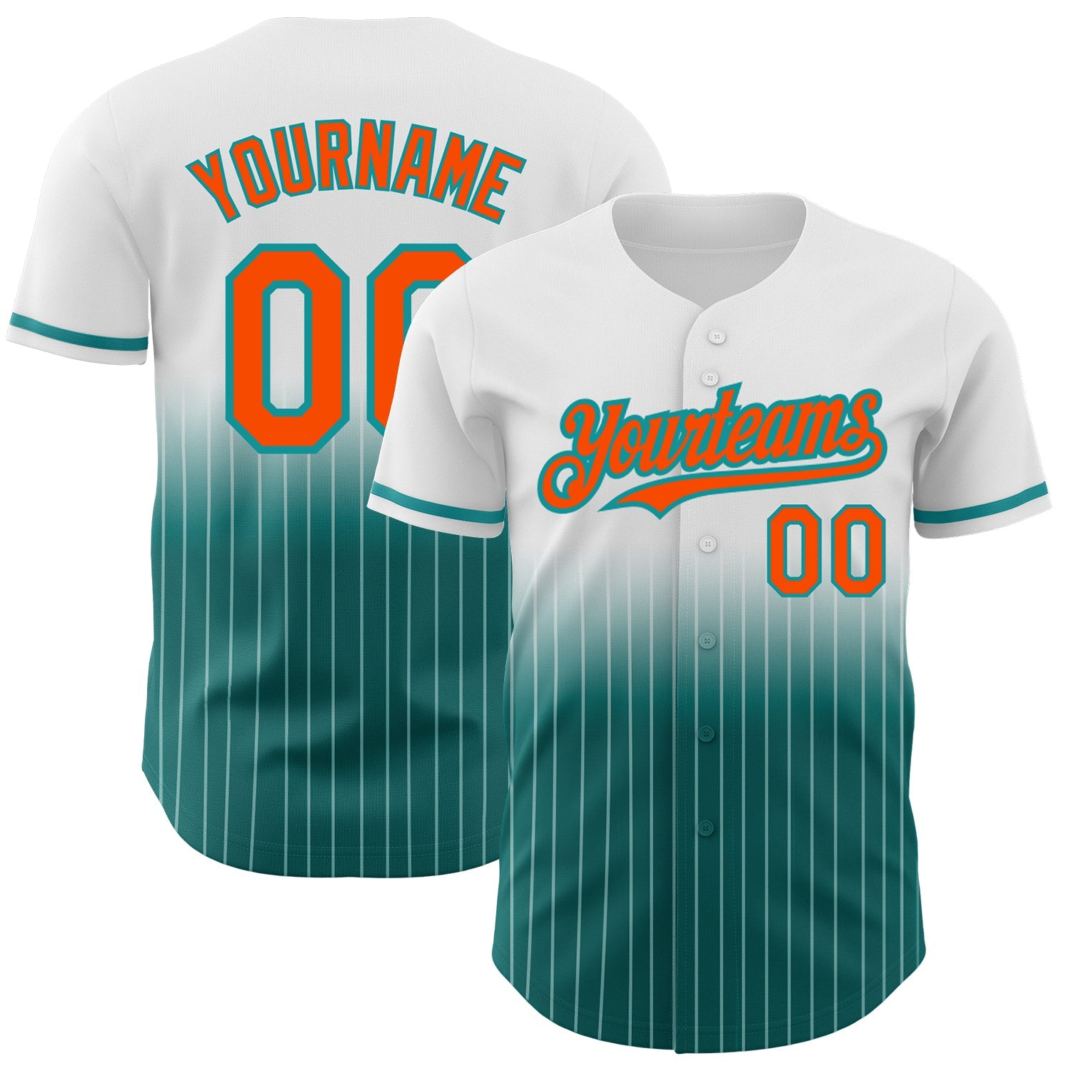 Custom White Pinstripe Orange-Teal Authentic Fade Fashion Baseball Jersey - Main View