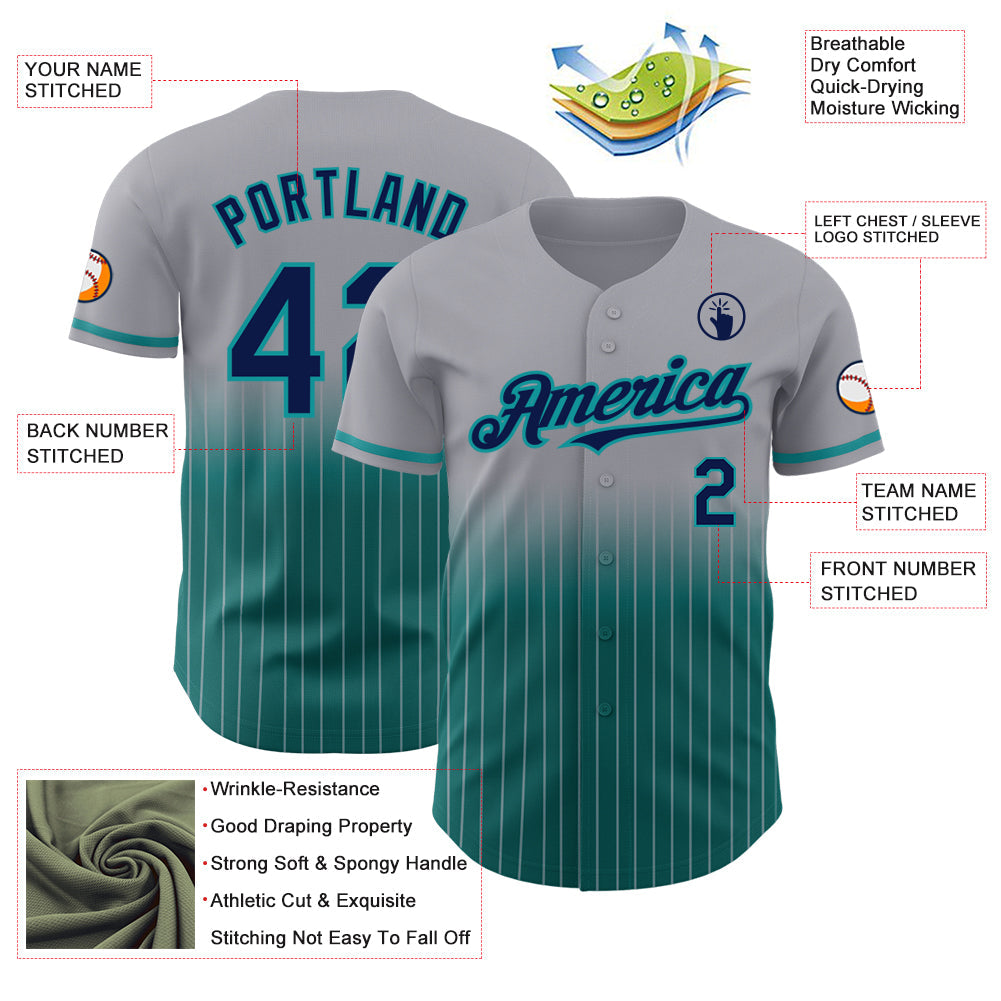 Custom Gray Pinstripe Navy-Teal Authentic Fade Fashion Baseball Jersey view 4