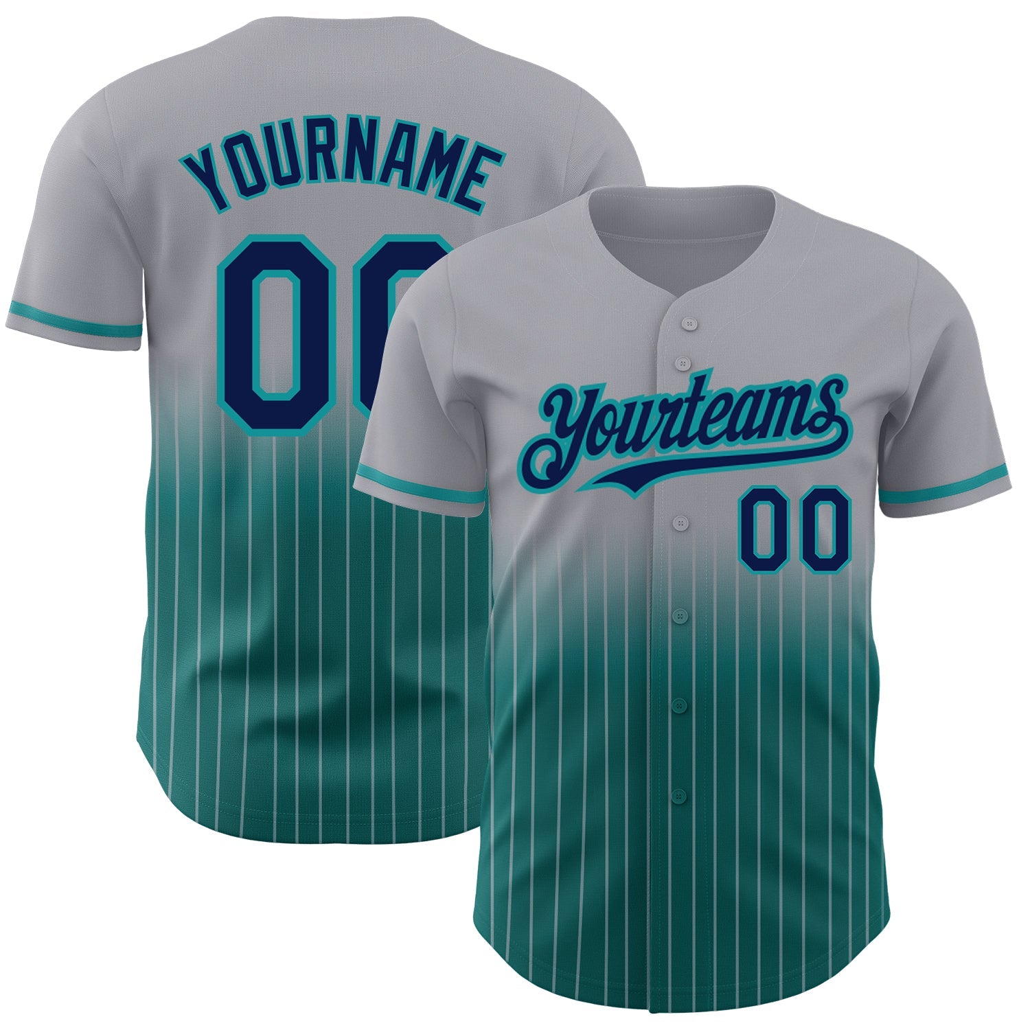 Custom Gray Pinstripe Navy-Teal Authentic Fade Fashion Baseball Jersey - Main View