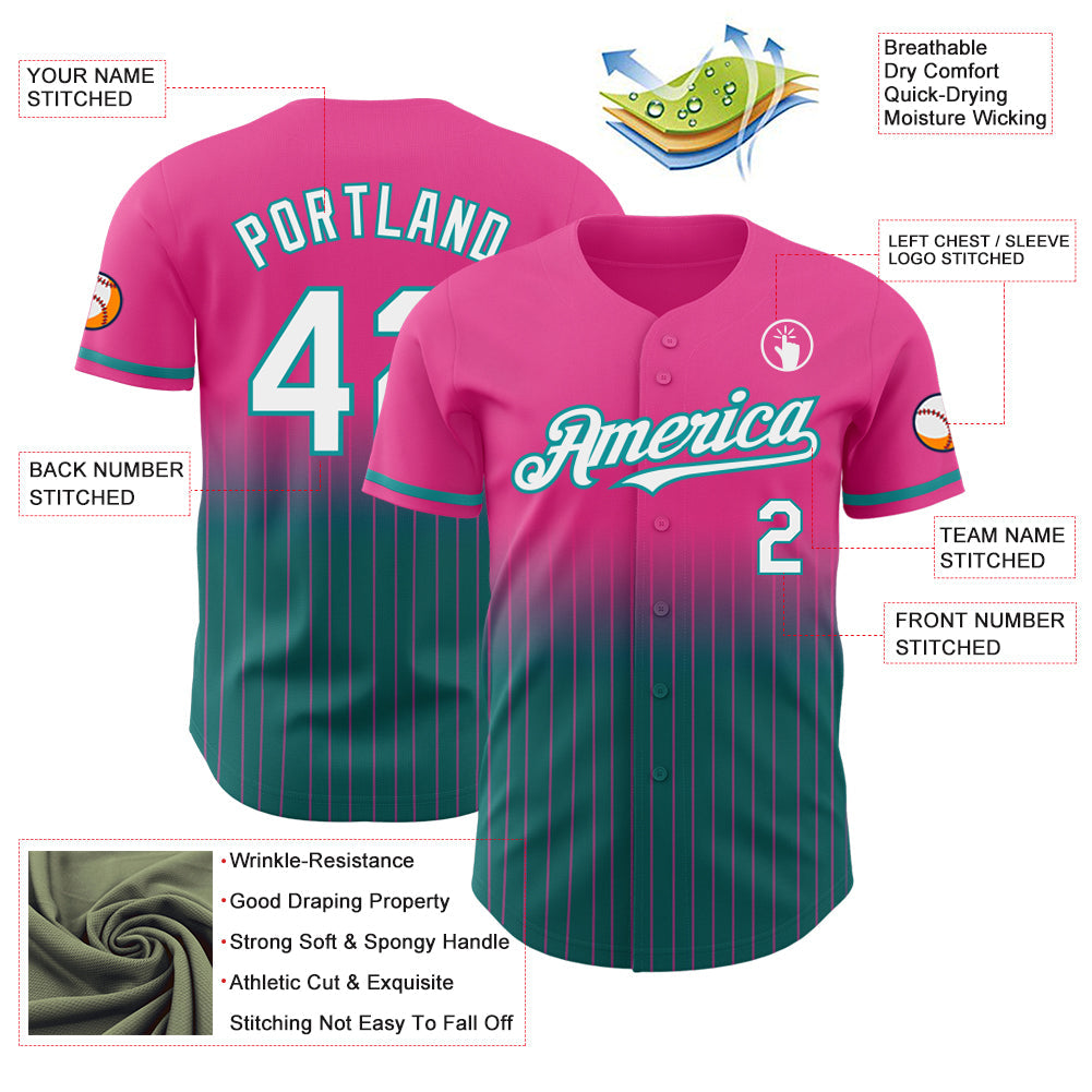 Custom Pink Pinstripe White-Teal Authentic Fade Fashion Baseball Jersey view 4