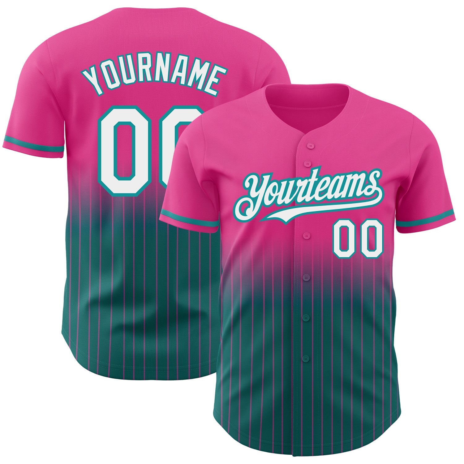 Custom Pink Pinstripe White-Teal Authentic Fade Fashion Baseball Jersey - Main View