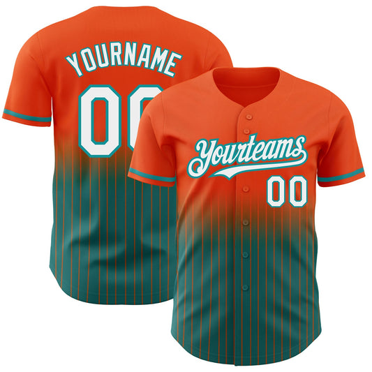 Custom Orange Pinstripe White-Teal Authentic Fade Fashion Baseball Jersey - Main View