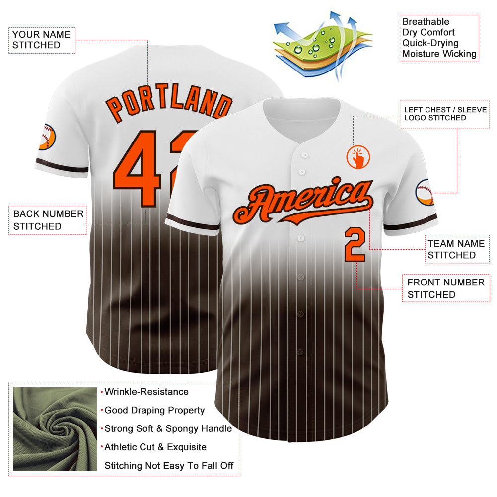 Custom White Pinstripe Orange-Brown Authentic Fade Fashion Baseball Jersey view 4
