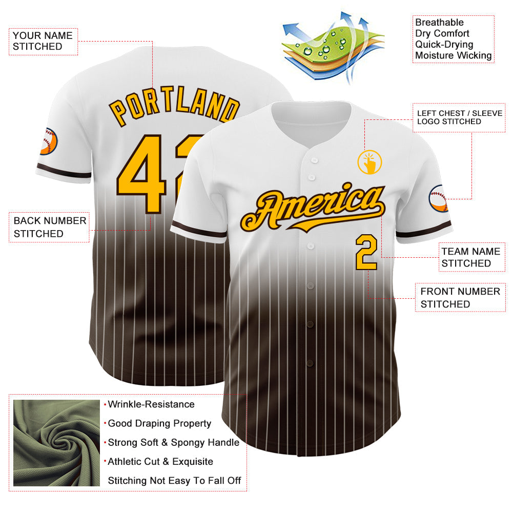 Custom White Pinstripe Gold-Brown Authentic Fade Fashion Baseball Jersey view 4