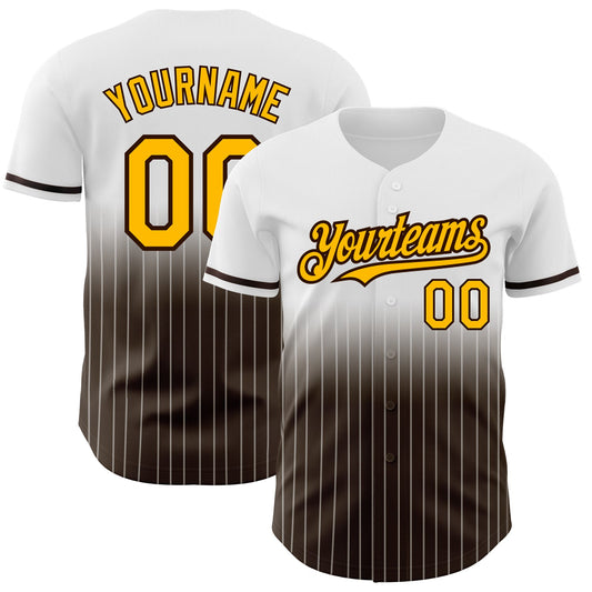 Custom White Pinstripe Gold-Brown Authentic Fade Fashion Baseball Jersey - Main View
