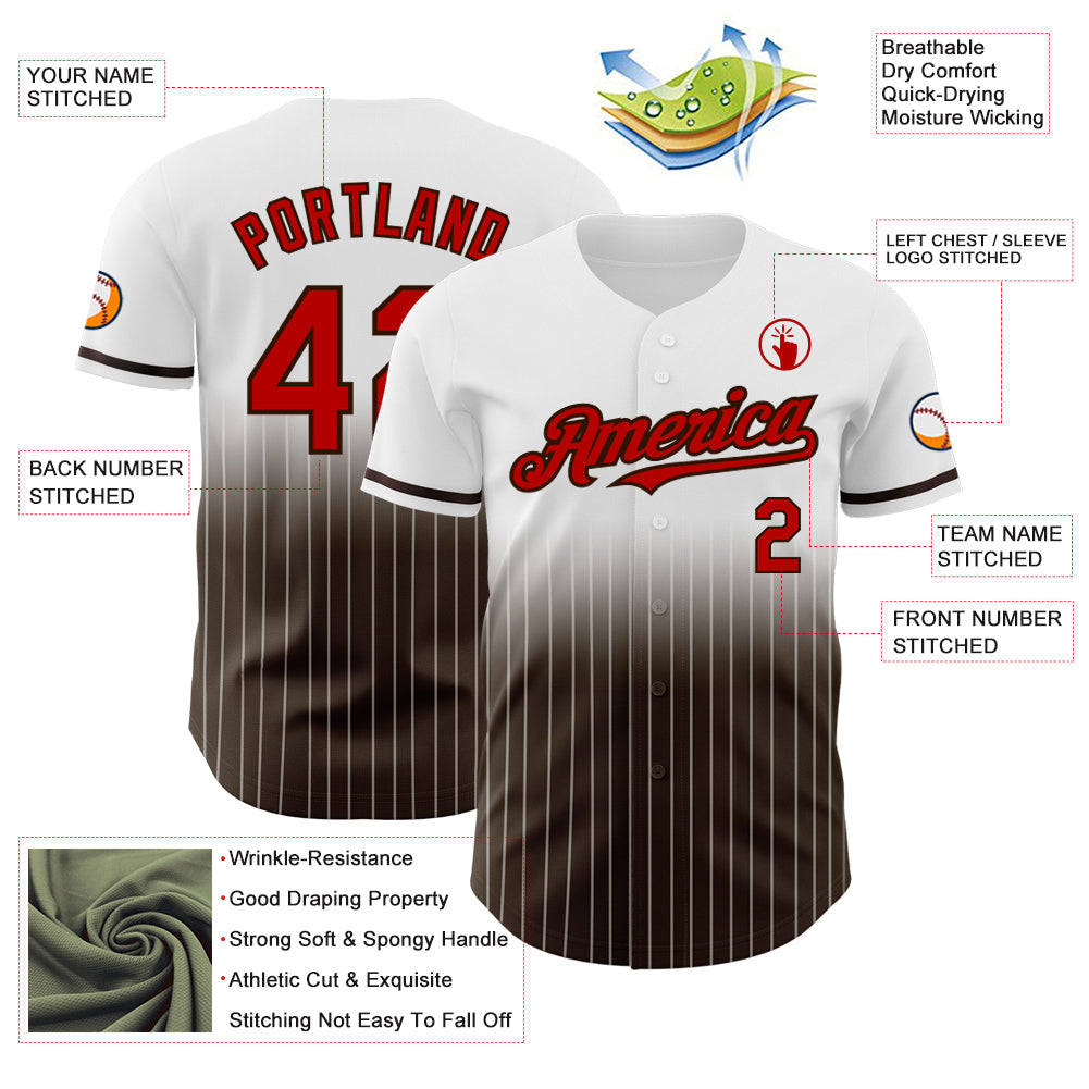 Custom White Pinstripe Red-Brown Authentic Fade Fashion Baseball Jersey view 4