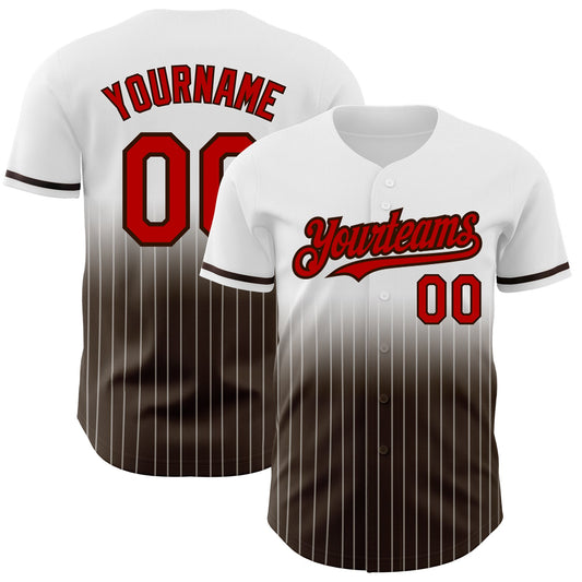 Custom White Pinstripe Red-Brown Authentic Fade Fashion Baseball Jersey - Main View