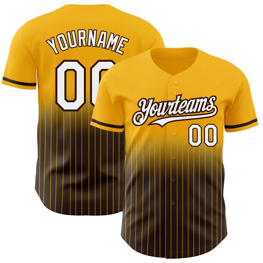 Custom Gold Pinstripe White-Brown Authentic Fade Fashion Baseball Jersey - Main View
