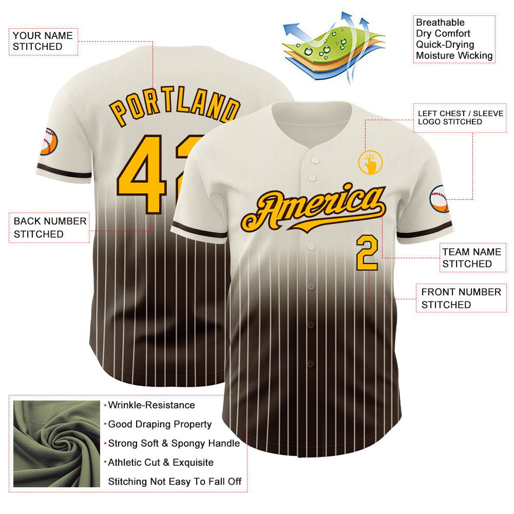 Custom Cream Pinstripe Gold-Brown Authentic Fade Fashion Baseball Jersey view 4