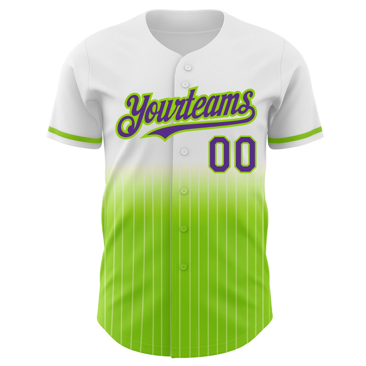 Custom White Pinstripe Purple-Neon Green Authentic Fade Fashion Baseball Jersey view 3