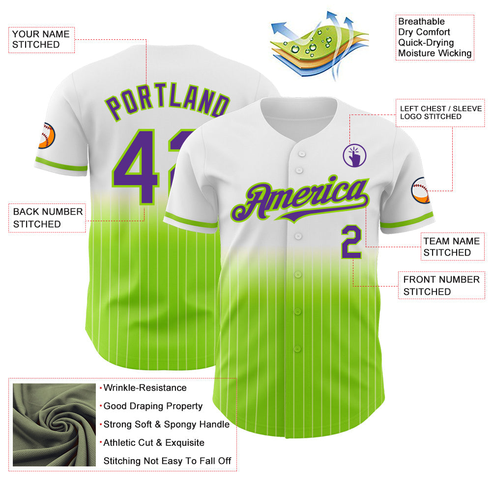 Custom White Pinstripe Purple-Neon Green Authentic Fade Fashion Baseball Jersey view 4