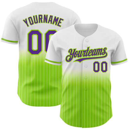 Custom White Pinstripe Purple-Neon Green Authentic Fade Fashion Baseball Jersey - Main View