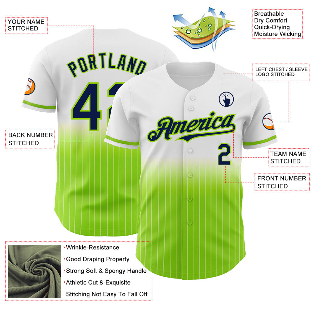 Custom White Pinstripe Navy-Neon Green Authentic Fade Fashion Baseball Jersey view 4
