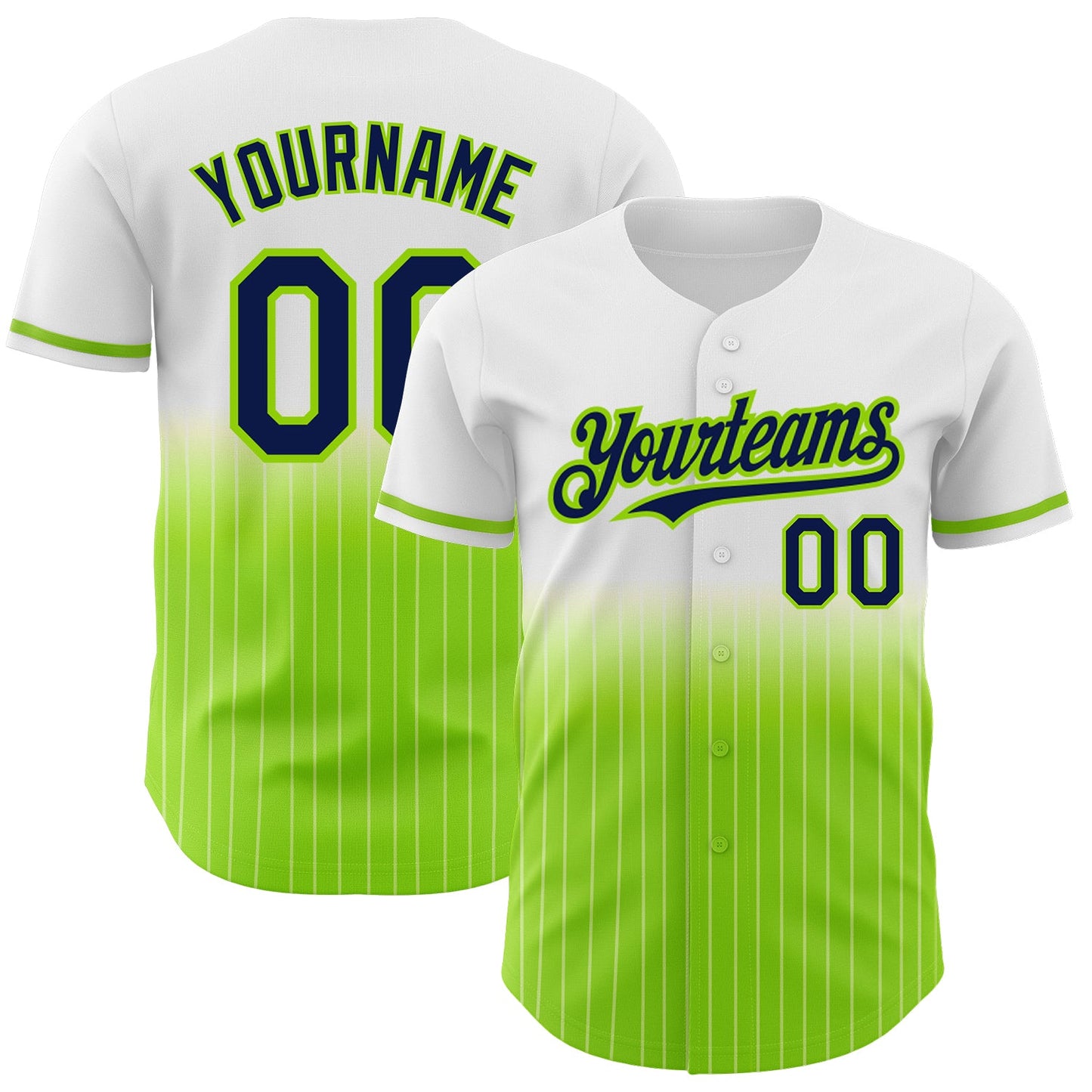 Custom White Pinstripe Navy-Neon Green Authentic Fade Fashion Baseball Jersey - Main View