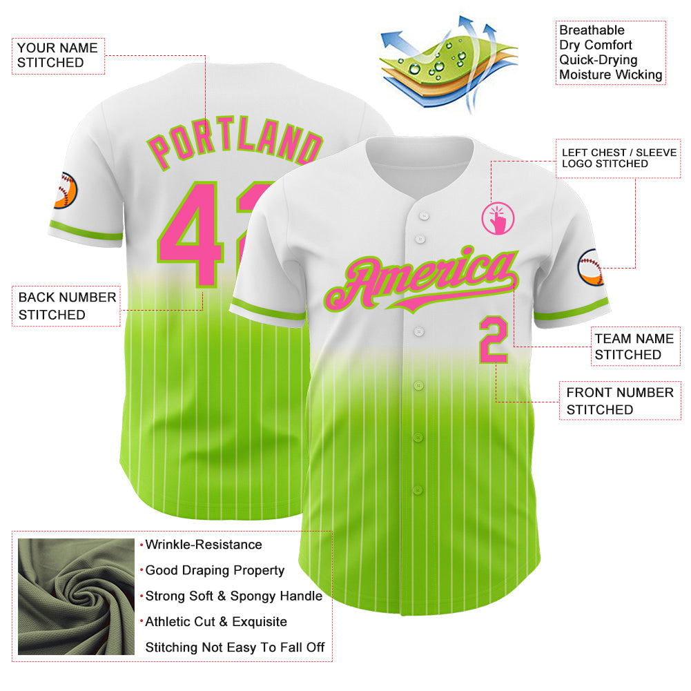 Custom White Pinstripe Pink-Neon Green Authentic Fade Fashion Baseball Jersey view 4