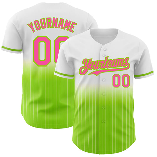 Custom White Pinstripe Pink-Neon Green Authentic Fade Fashion Baseball Jersey - Main View