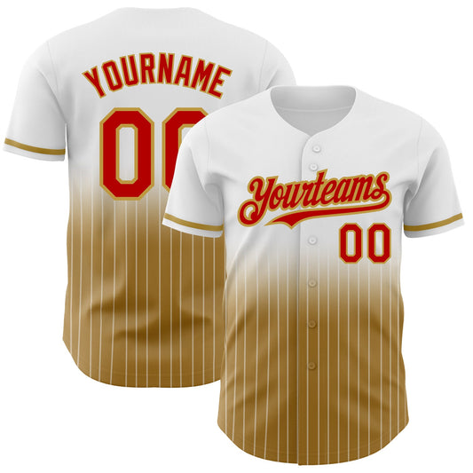 Custom White Pinstripe Red-Old Gold Authentic Fade Fashion Baseball Jersey - Main View
