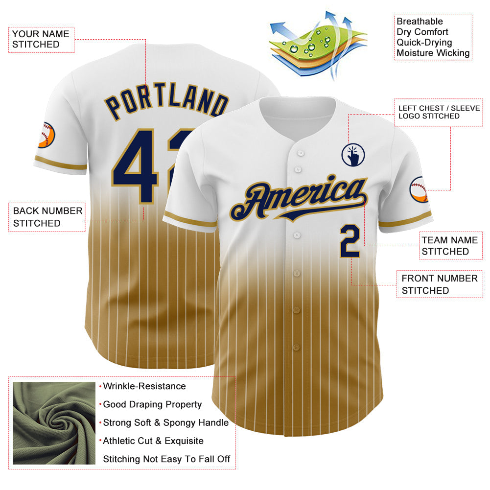 Custom White Pinstripe Navy-Old Gold Authentic Fade Fashion Baseball Jersey view 4