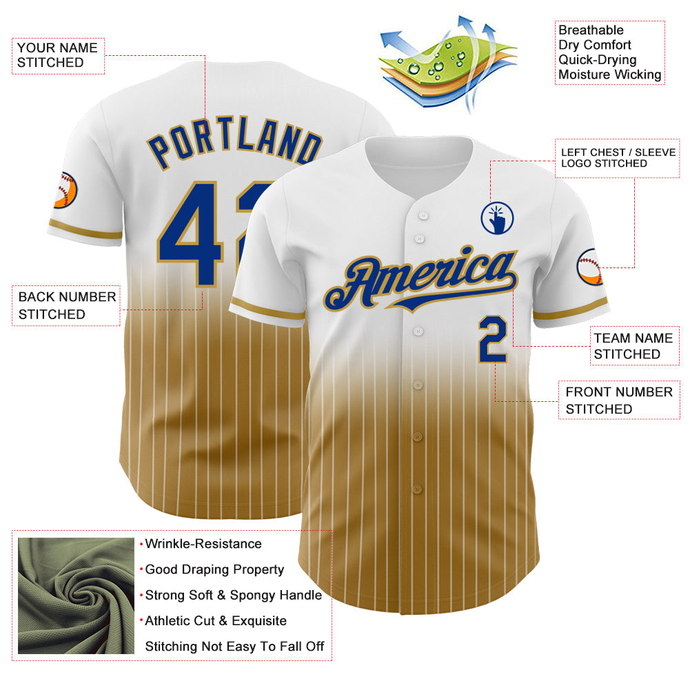Custom White Pinstripe Royal-Old Gold Authentic Fade Fashion Baseball Jersey view 4