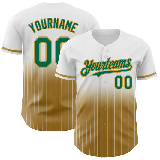 Custom White Pinstripe Kelly Green-Old Gold Authentic Fade Fashion Baseball Jersey - Main View