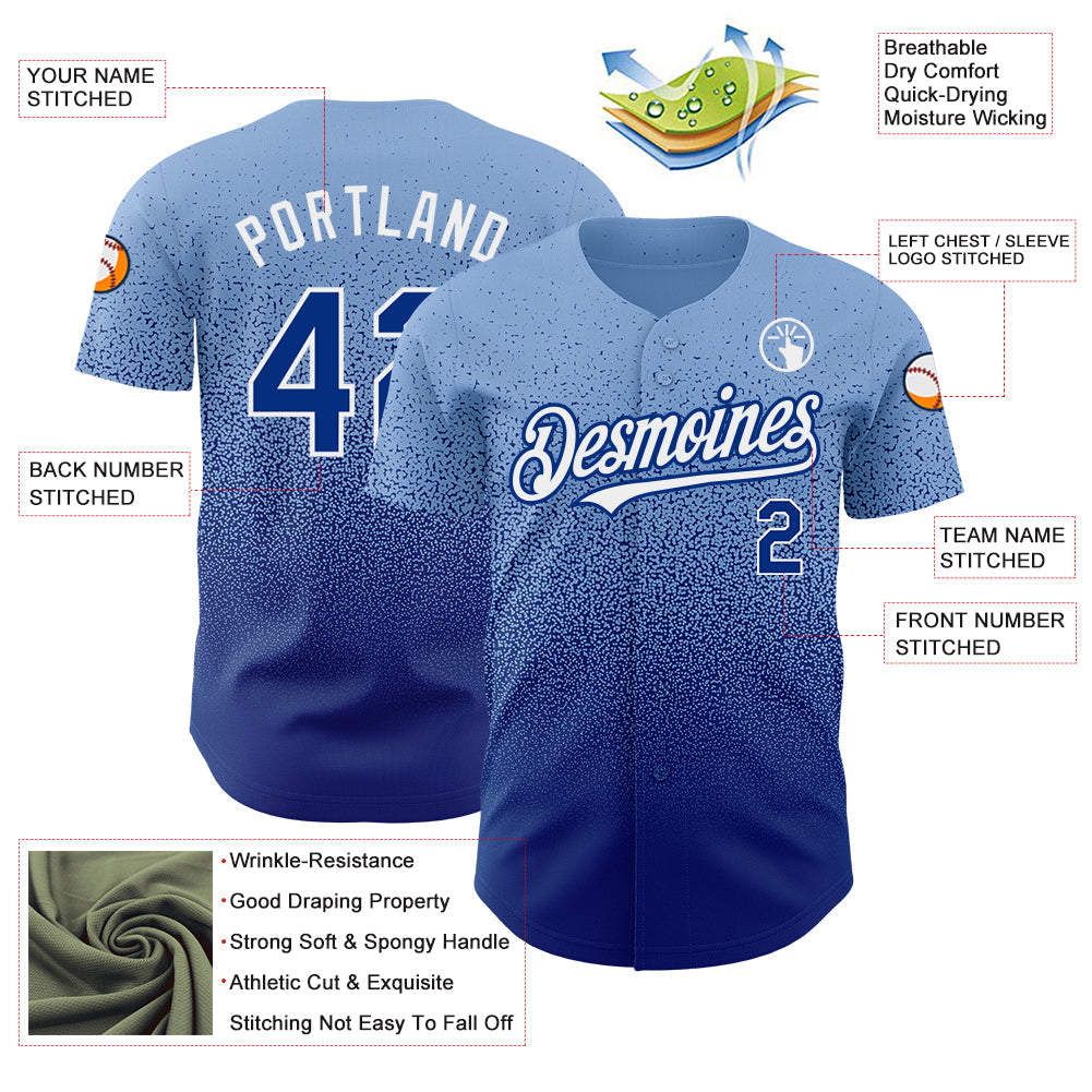 Custom Light Blue Royal-White Authentic Fade Fashion Baseball Jersey view 3