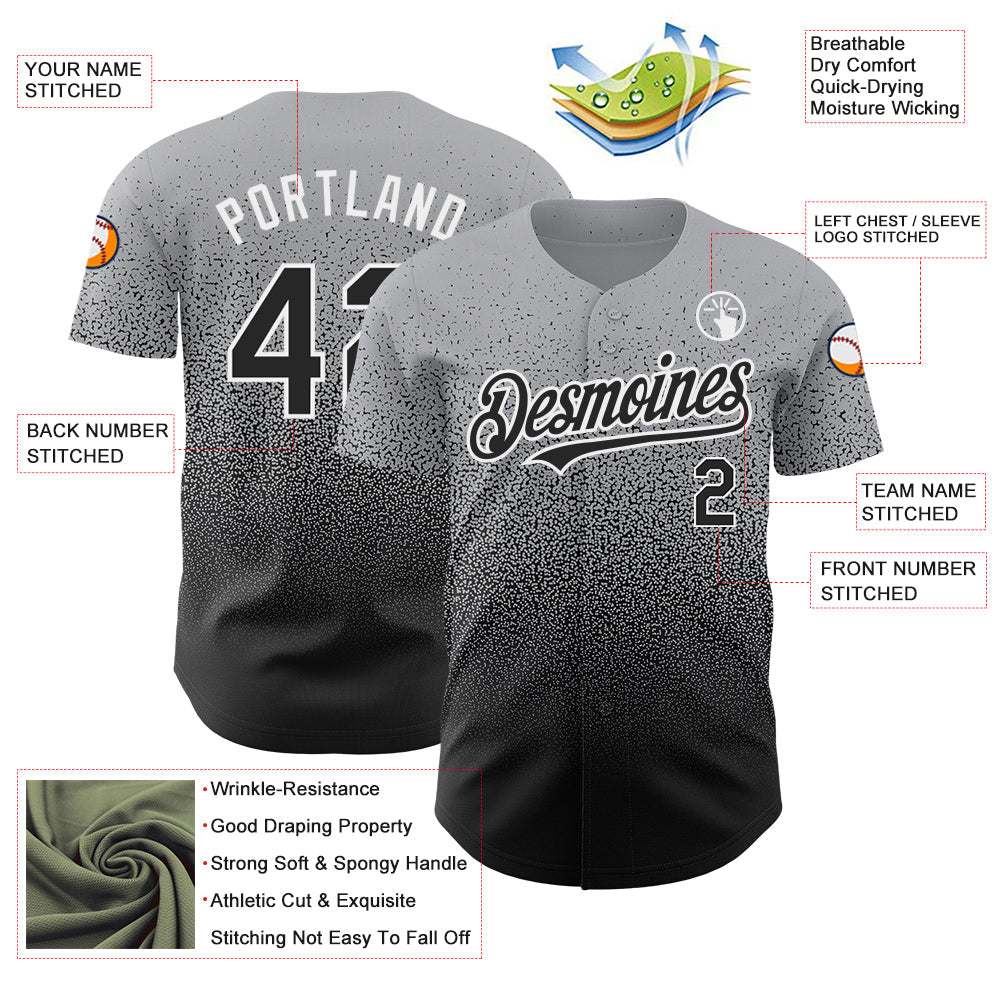 Custom Gray Black-White Authentic Fade Fashion Baseball Jersey view 3