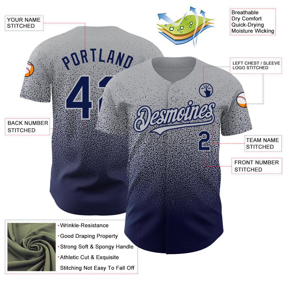 Custom Gray Navy Authentic Fade Fashion Baseball Jersey view 3