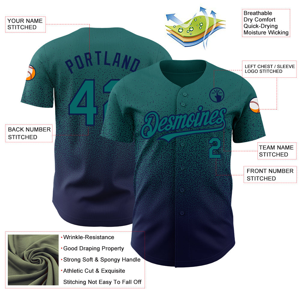 Custom Teal Navy Authentic Fade Fashion Baseball Jersey view 3