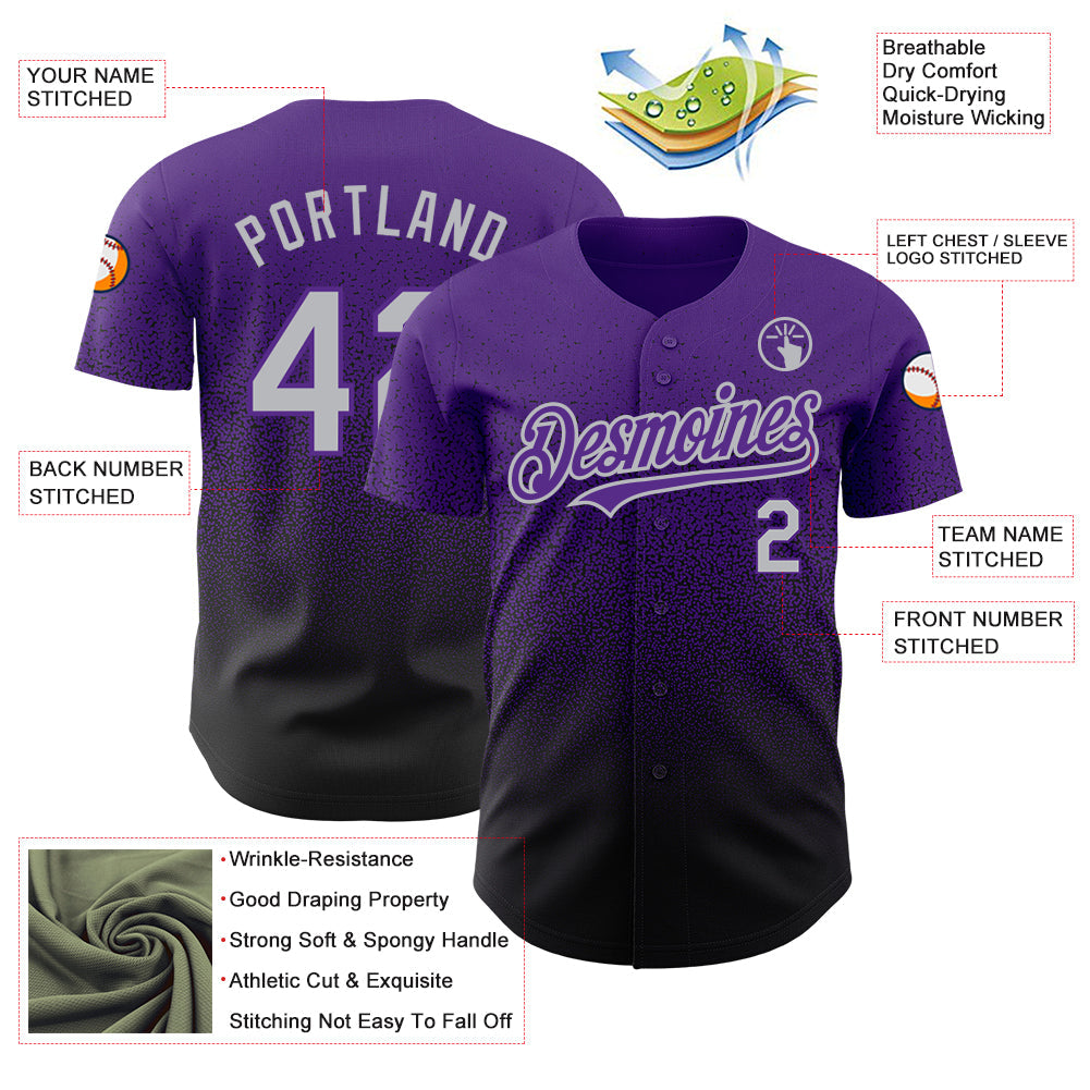 Custom Purple Gray-Black Authentic Fade Fashion Baseball Jersey view 3
