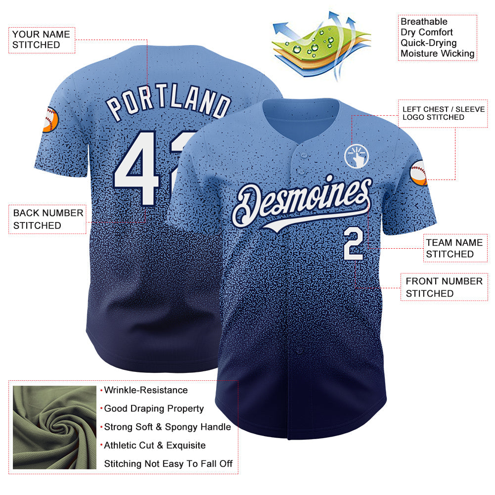 Custom Powder Blue White-Navy Authentic Fade Fashion Baseball Jersey view 3