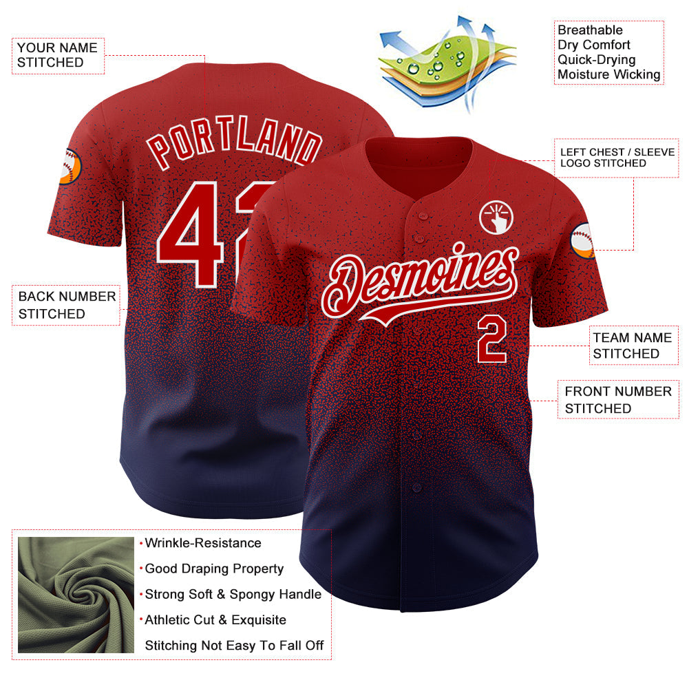 Custom Red Navy-White Authentic Fade Fashion Baseball Jersey view 3