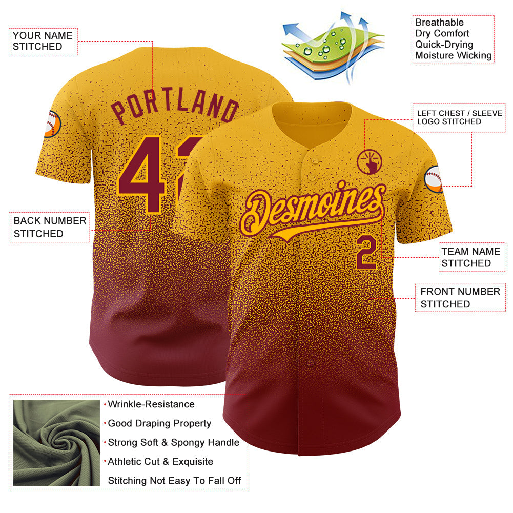 Custom Gold Crimson Authentic Fade Fashion Baseball Jersey view 3