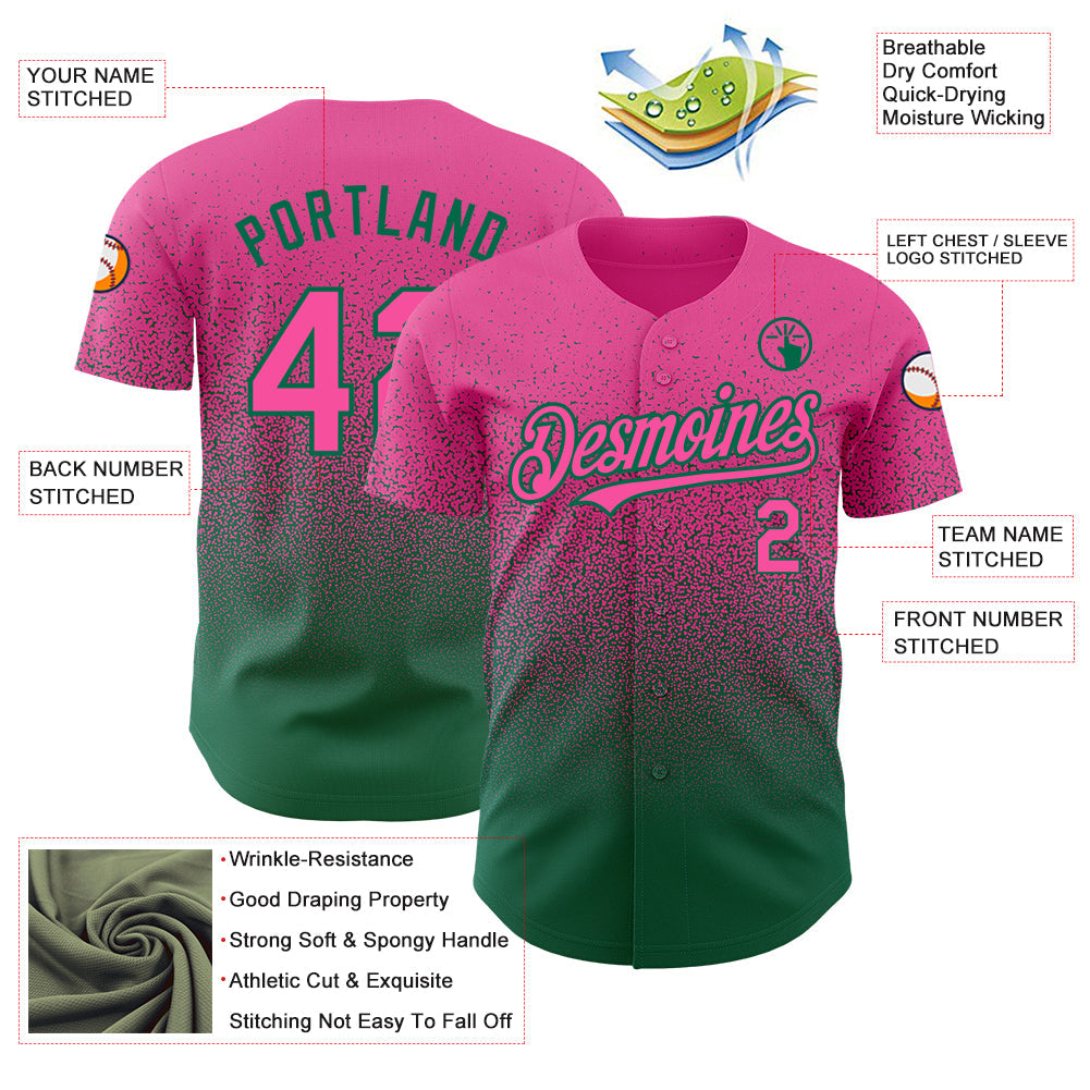 Custom Pink Kelly Green Authentic Fade Fashion Baseball Jersey view 3