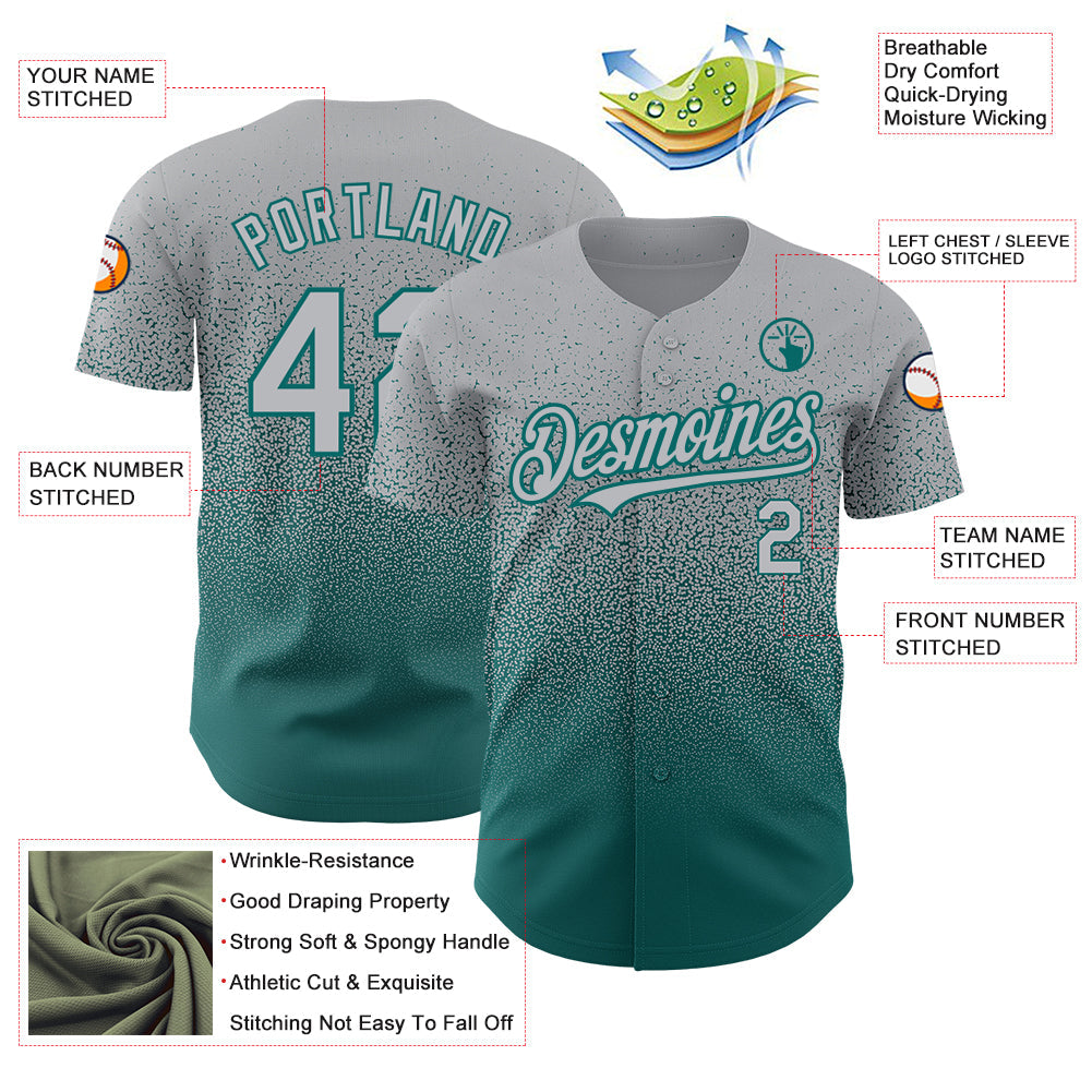 Custom Gray Teal Authentic Fade Fashion Baseball Jersey view 3