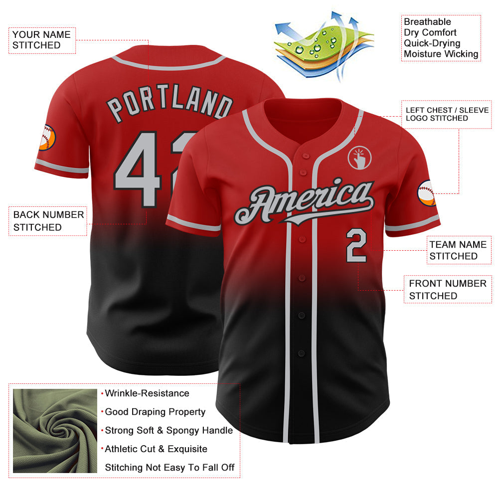 Custom Red Gray-Black Authentic Fade Fashion Baseball Jersey view 3
