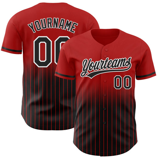 Custom Red Pinstripe Black-White Authentic Fade Fashion Baseball Jersey - Main View
