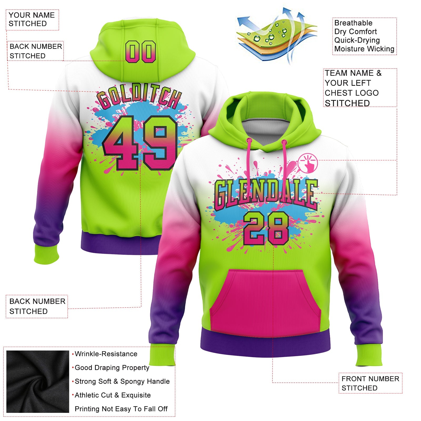 Custom Stitched White Neon Green Hot Pink Purple-Black Fade Fashion Splash Sports Pullover Sweatshirt Hoodie view 2