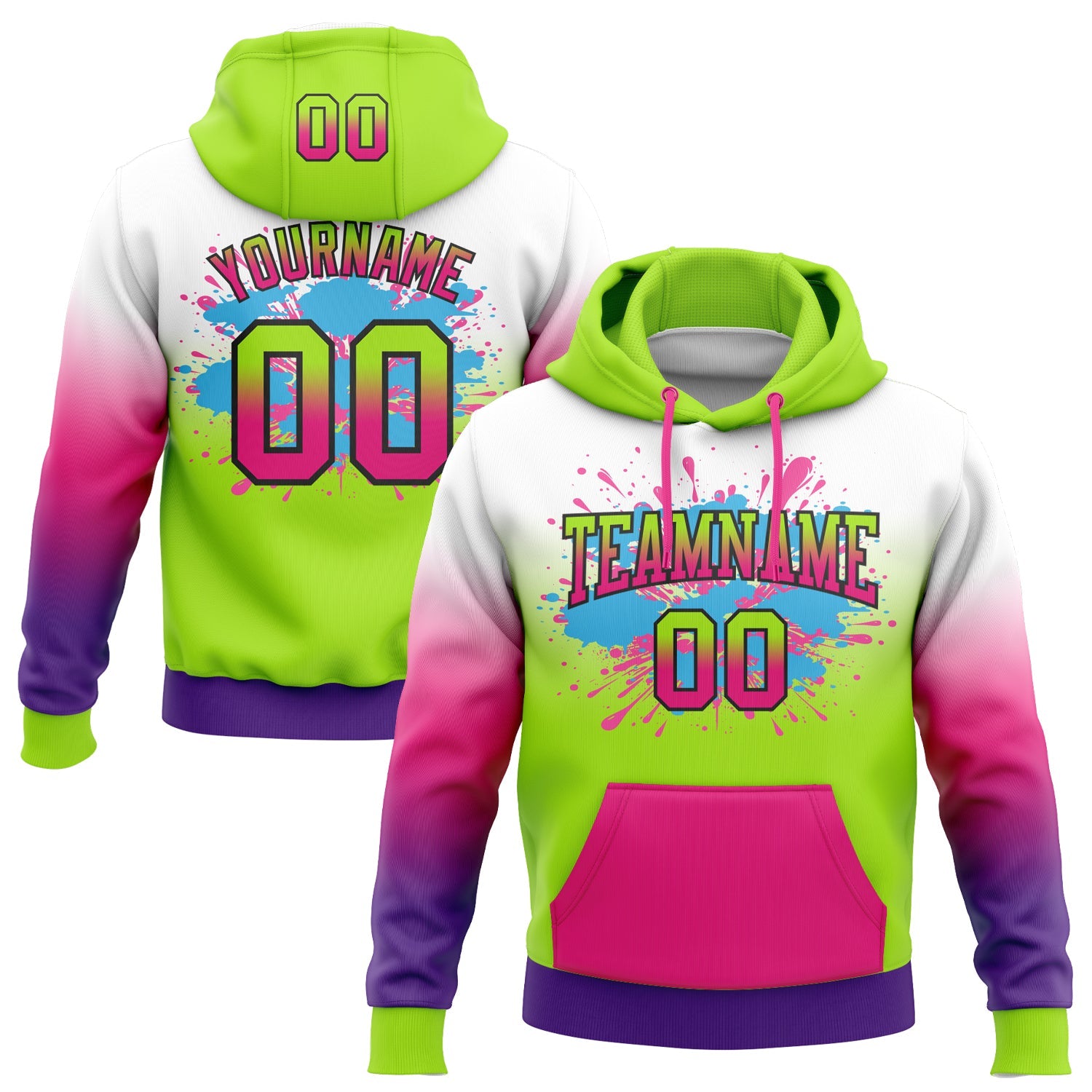 Custom Stitched White Neon Green Hot Pink Purple-Black Fade Fashion Splash Sports Pullover Sweatshirt Hoodie - Main View