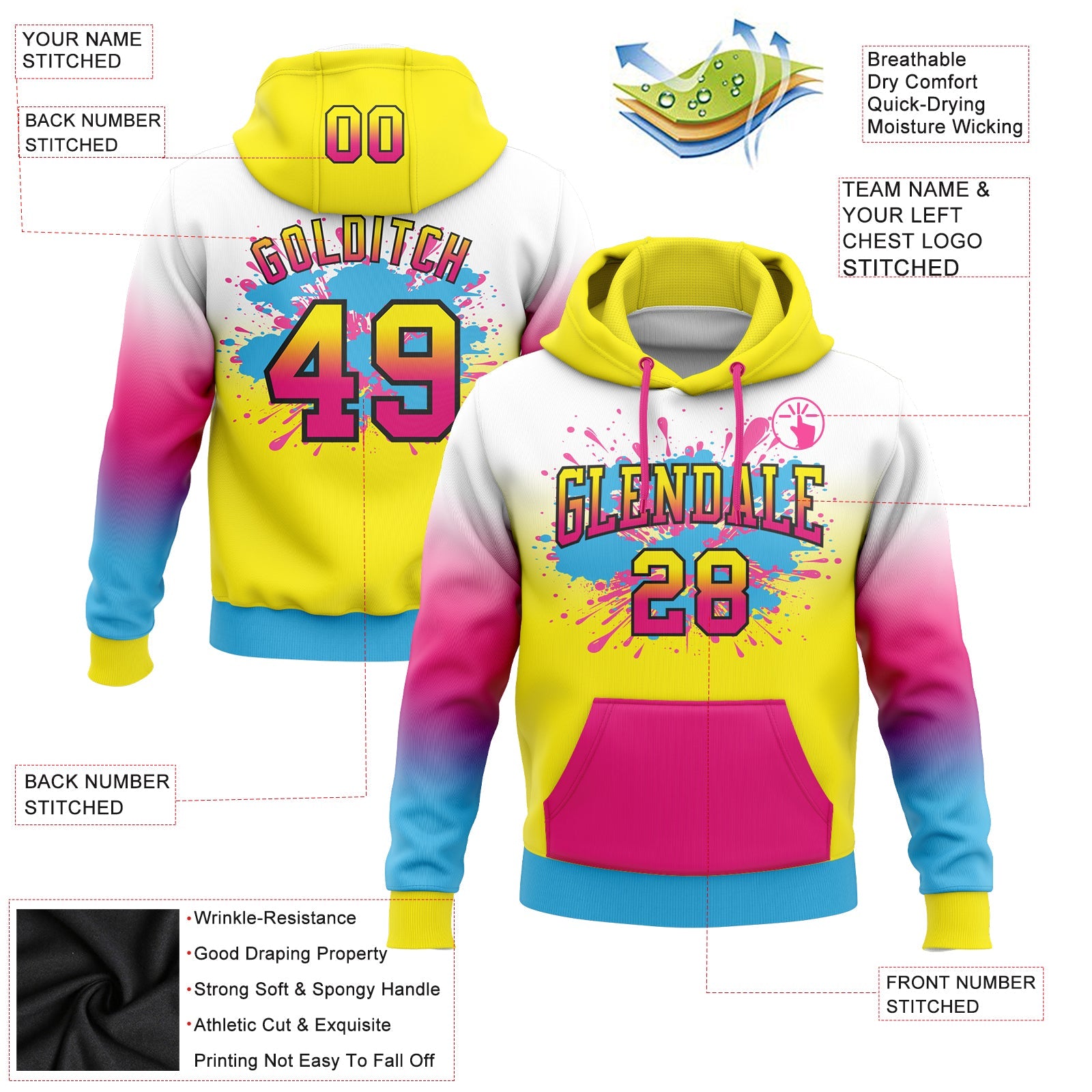 Custom Stitched White Light Yellow Hot Pink Sky Blue-Black Fade Fashion Splash Sports Pullover Sweatshirt Hoodie view 2