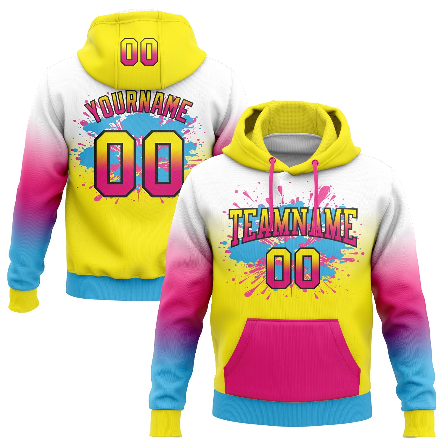 Custom Stitched White Light Yellow Hot Pink Sky Blue-Black Fade Fashion Splash Sports Pullover Sweatshirt Hoodie - Main View