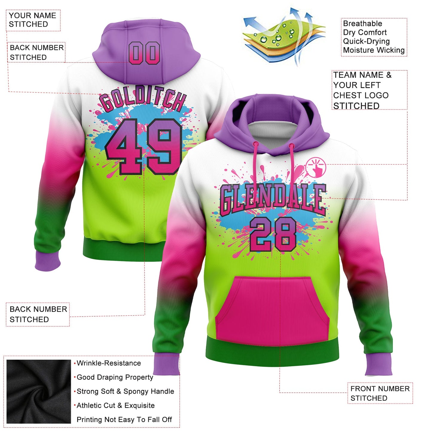 Custom Stitched White Medium Purple Hot Pink Grass Green-Black Fade Fashion Splash Sports Pullover Sweatshirt Hoodie view 2
