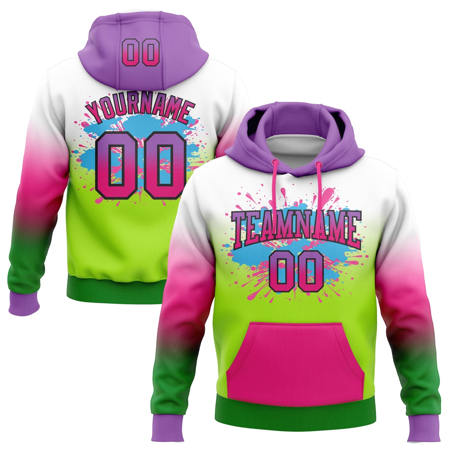 Custom Stitched White Medium Purple Hot Pink Grass Green-Black Fade Fashion Splash Sports Pullover Sweatshirt Hoodie - Main View