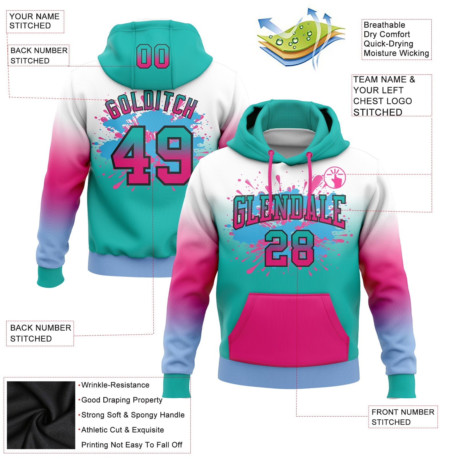 Custom Stitched White Aqua Hot Pink Light Blue-Black Fade Fashion Splash Sports Pullover Sweatshirt Hoodie view 2