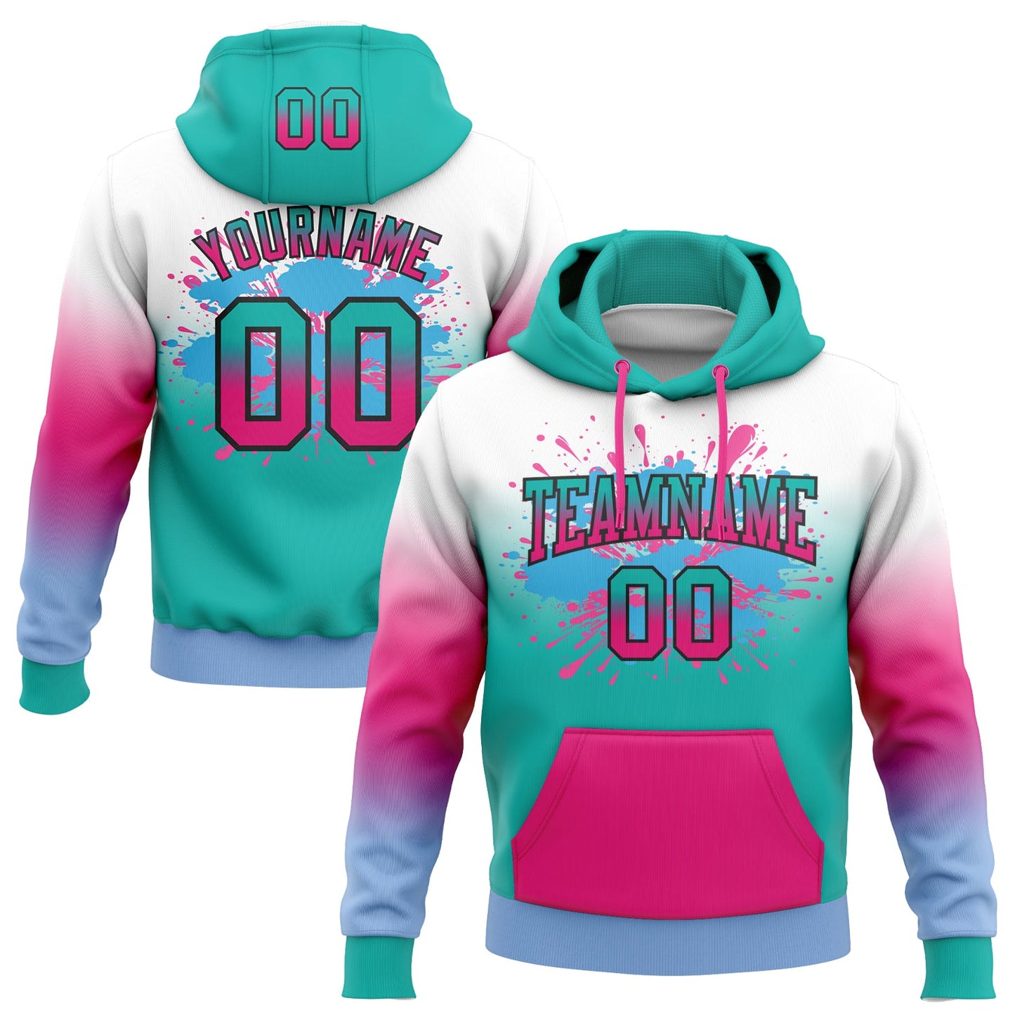 Custom Stitched White Aqua Hot Pink Light Blue-Black Fade Fashion Splash Sports Pullover Sweatshirt Hoodie - Main View