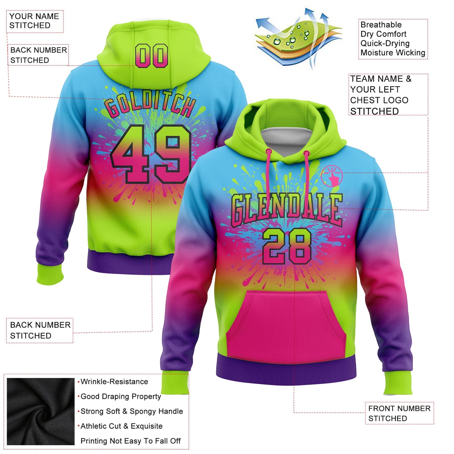 Custom Stitched Sky Blue Neon Green Hot Pink Purple-Black Fade Fashion Splash Sports Pullover Sweatshirt Hoodie view 2