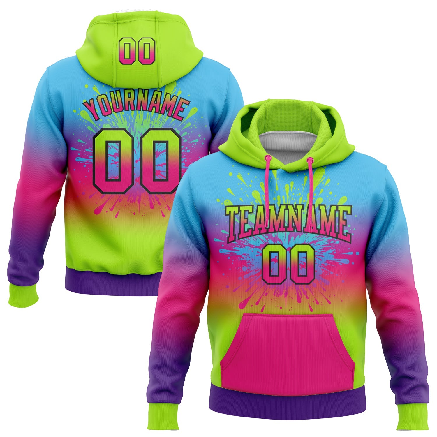 Custom Stitched Sky Blue Neon Green Hot Pink Purple-Black Fade Fashion Splash Sports Pullover Sweatshirt Hoodie - Main View