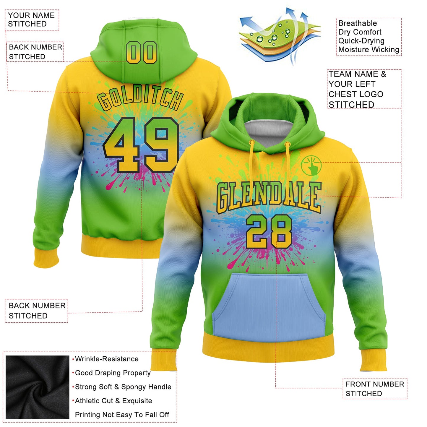 Custom Stitched Yellow Aurora Green Light Blue-Black Fade Fashion Splash Sports Pullover Sweatshirt Hoodie view 2